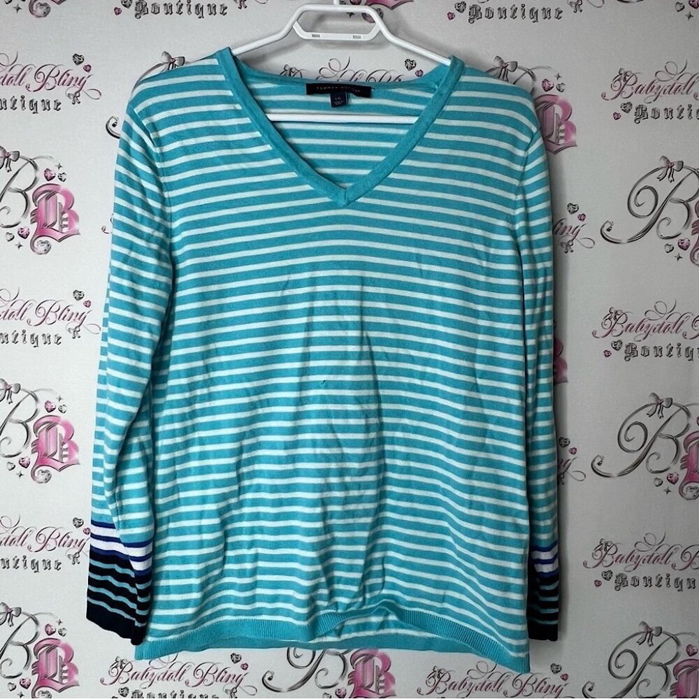 Tommy Hilfiger Striped V-Neck Sweater Blue white long sleeve
